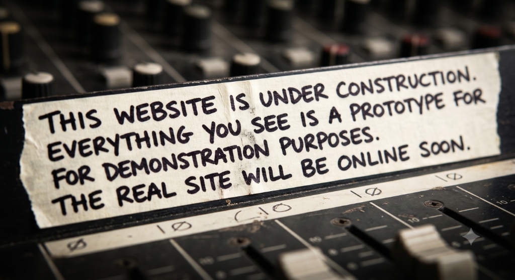 A piece of white masking tape stuck on a mixing console, handwritten with the message: THIS SITE IS UNDER CONSTRUCTION. EVERYTHING YOU SEE IS A NON-FUNCTIONAL PROTOTYPE AND IS FOR DEMONSTRATION PURPOSES ONLY.